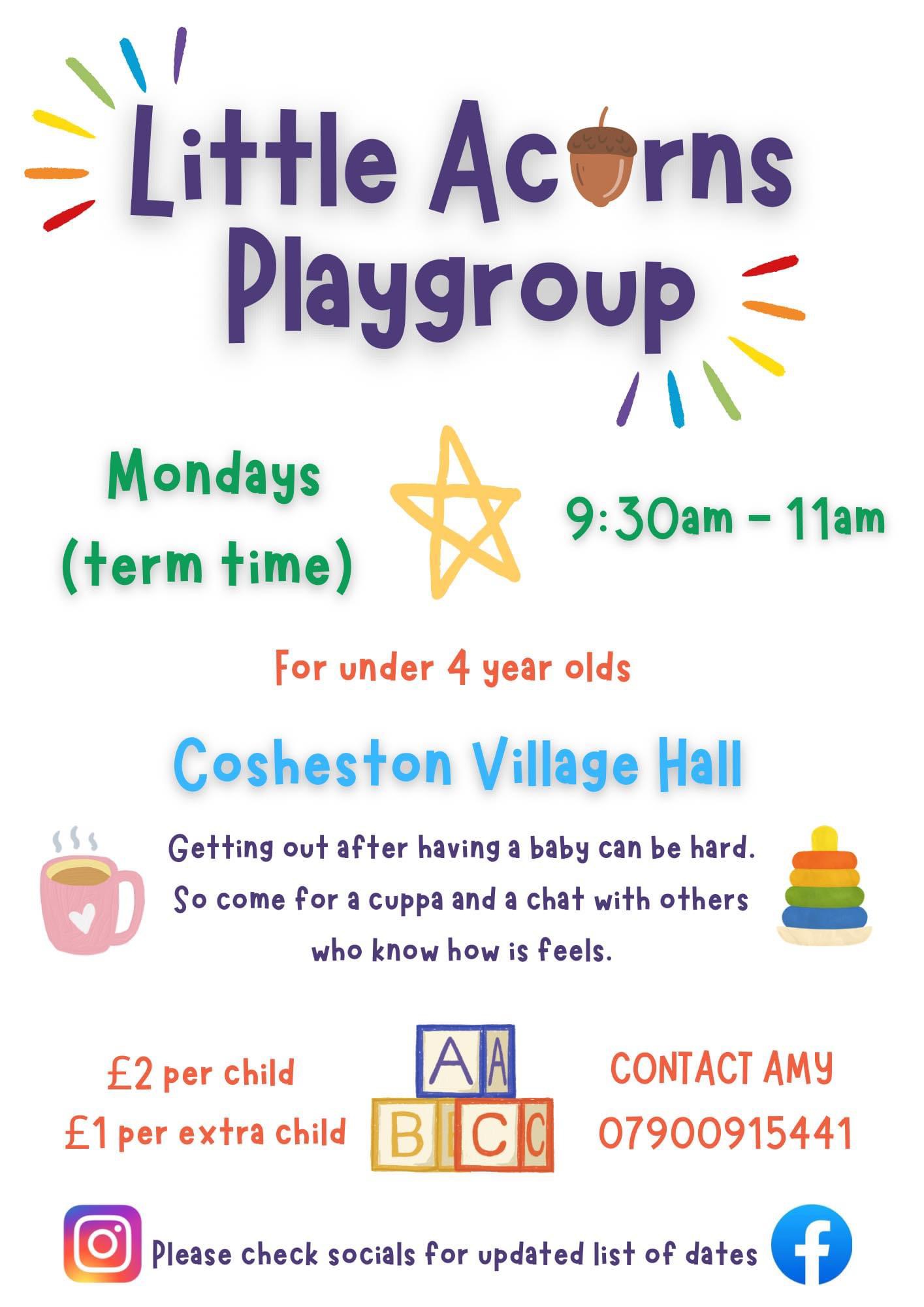 Little Acorns Playgroup, Cosheston Village Hall,  09.30am - 11am
