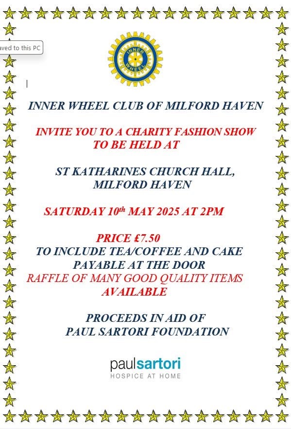 Inner Wheel Club Milford Haven, Charity Fashion Show, St Kathrines Church Hall, Saturday May 10th, 2pm