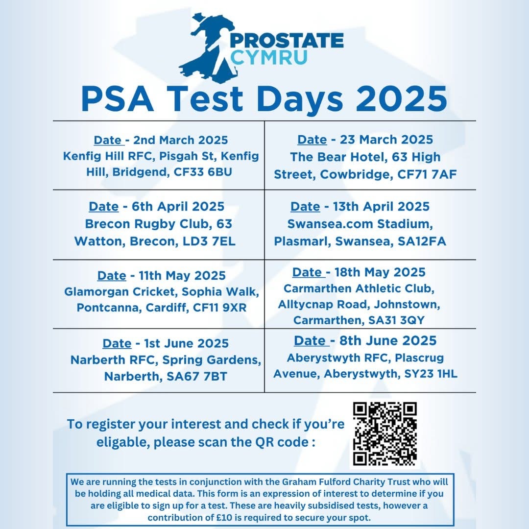 PSA Test Days, Narberth RFC, Sunday June 1st, See poster to register your interest