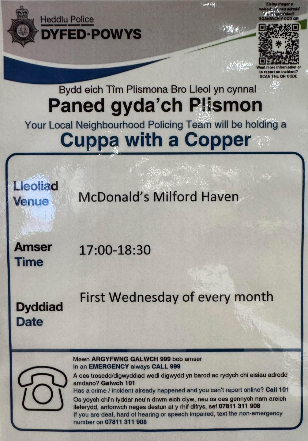 Cuppa with a Copper, McDonalds, Milford Haven, First Wednesday of every month, 5pm - 6.30pm