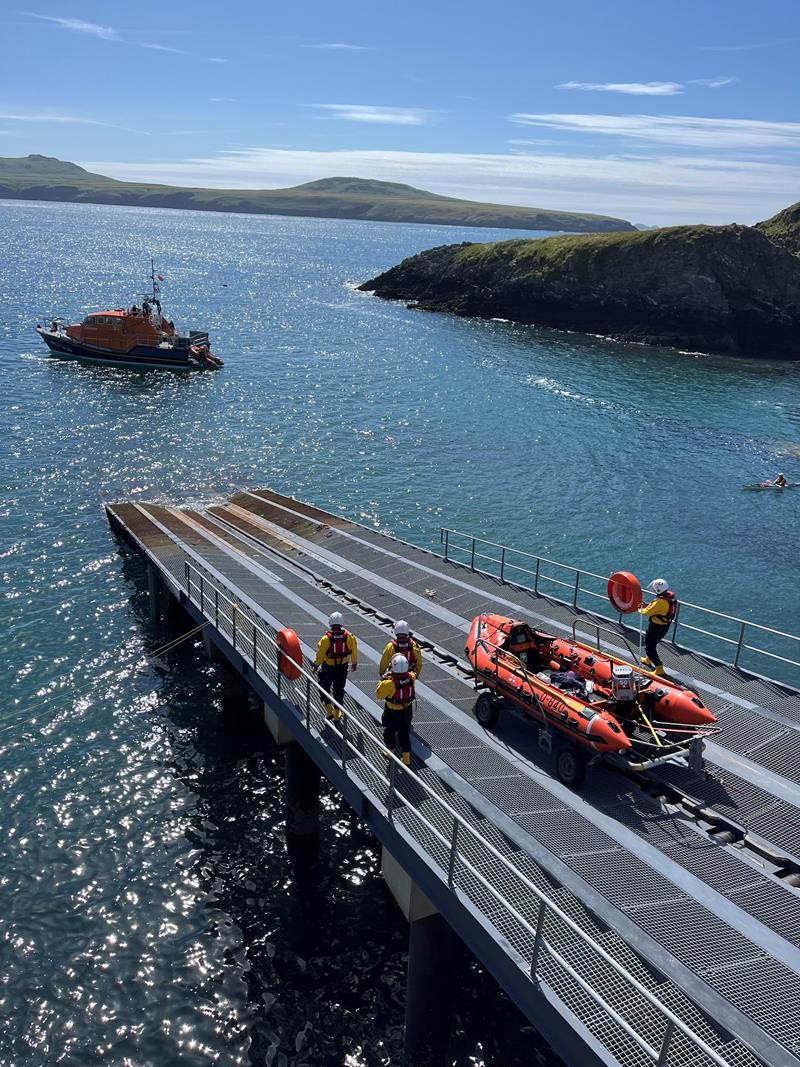 All-weather lifeboat Norah Wortley awaits the launch of inshore lifeboat Marian and Alan Clayton
