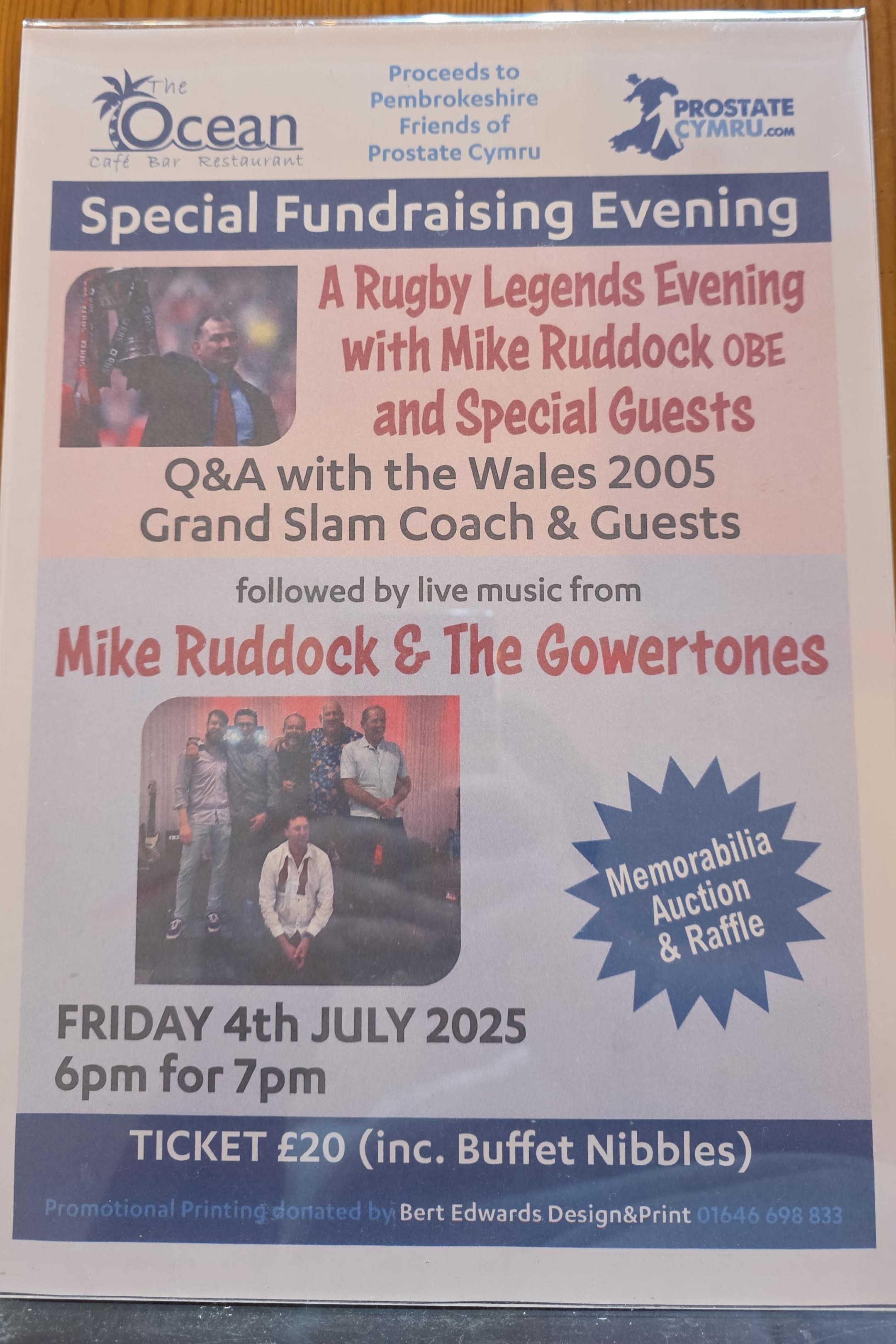 Fundraising Event for Prostate Cymru, The Ocean Cafe, Bar & Restaurant, Friday July 4th, From 6pm