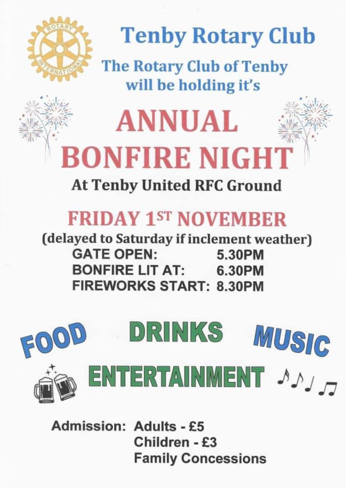 Annual Bonfire Night - Tenby Rotary Club, Tenby United RFC Ground, Friday November 1st, 5.30pm