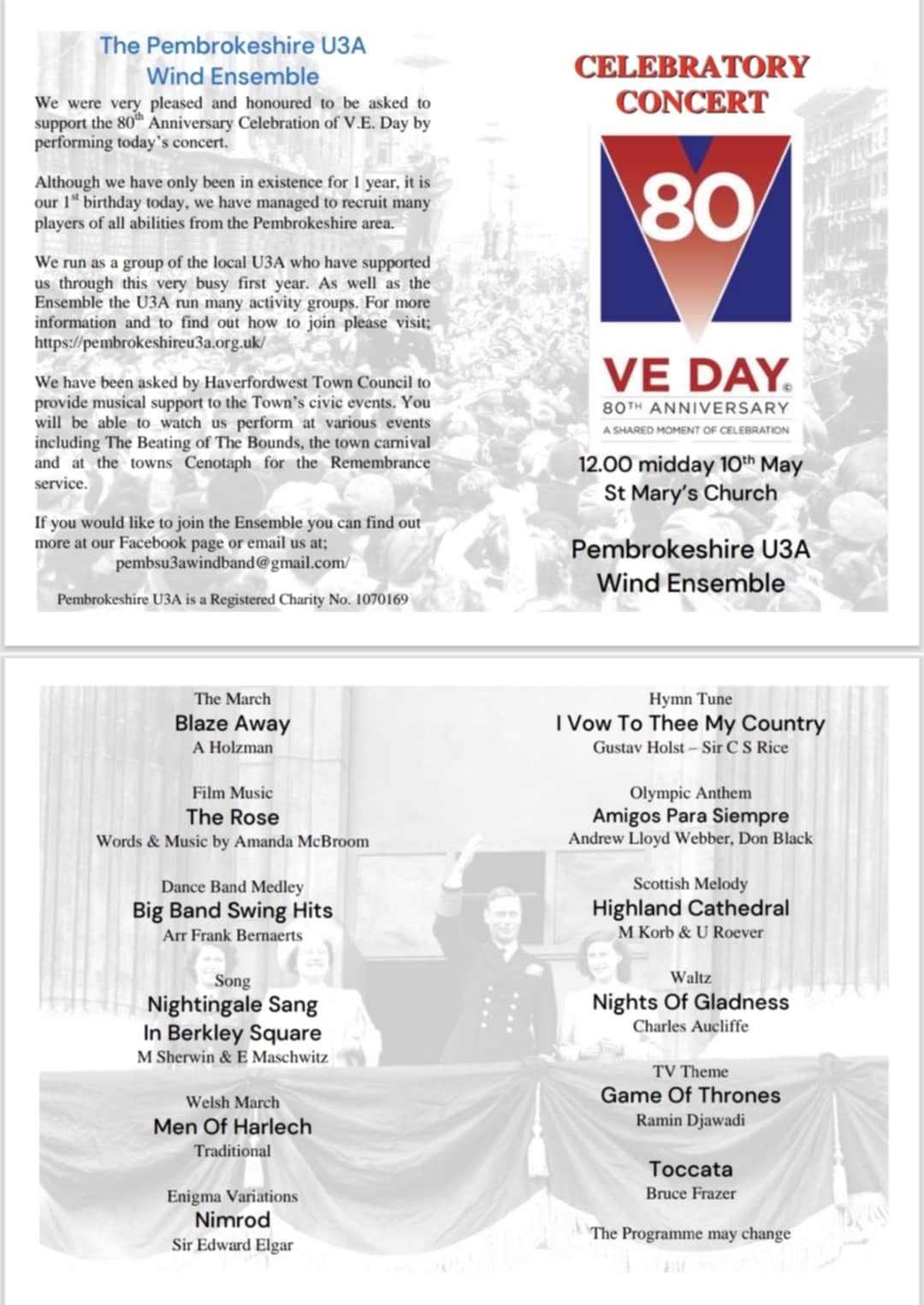 Pembrokeshire U13 Wind Ensemble, VE Day Anniversary Concert, St Marys Church, 12pm 