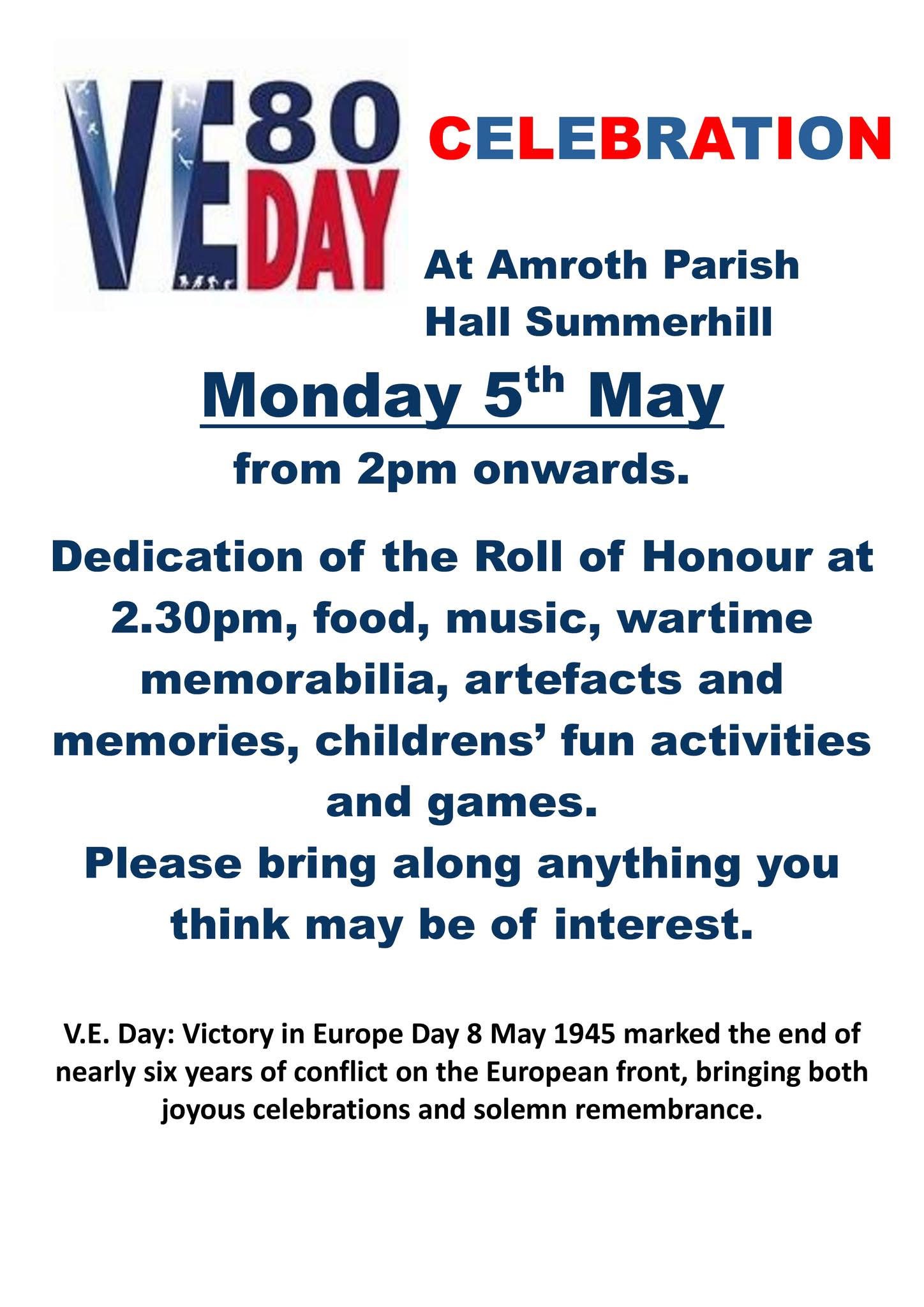 VE Day Celebration, Amroth Parish Hall, Summerhill, Monday May 5th, From 2pm